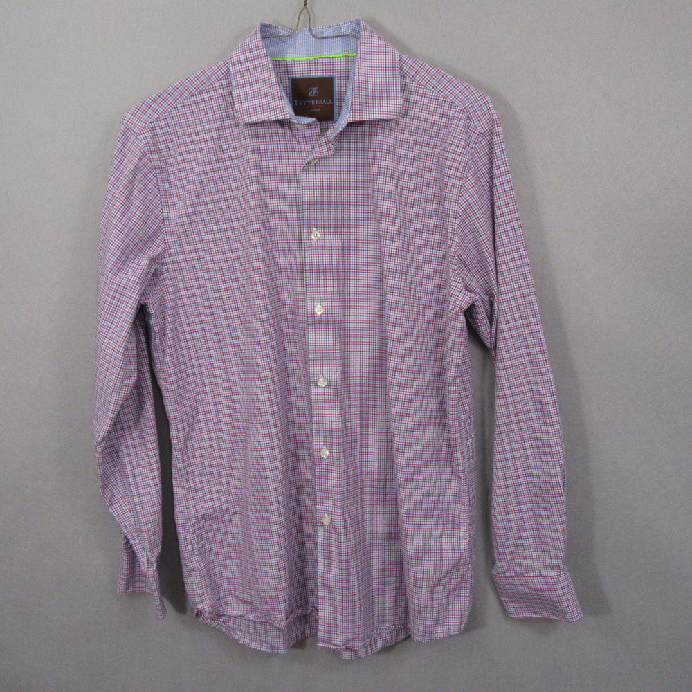 Tattersall Mens Button Up Shirt 16 Purple Long‎ Sleeve Plaid 100% Cotton